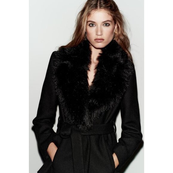 ZARA WOOL COAT WITH FAUX FUR COLLAR AND BELT - Picture 4 of 9